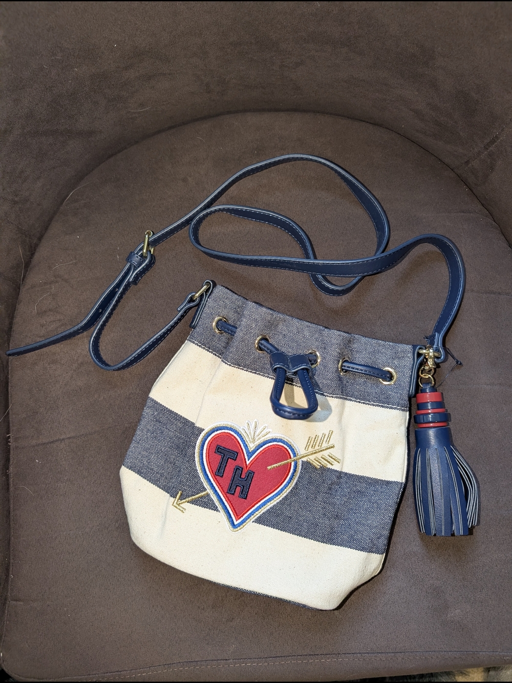 EUC Tommy Hilfiger Striped Canvas Bucket Bag with Navy Tassel - Blue & Cream